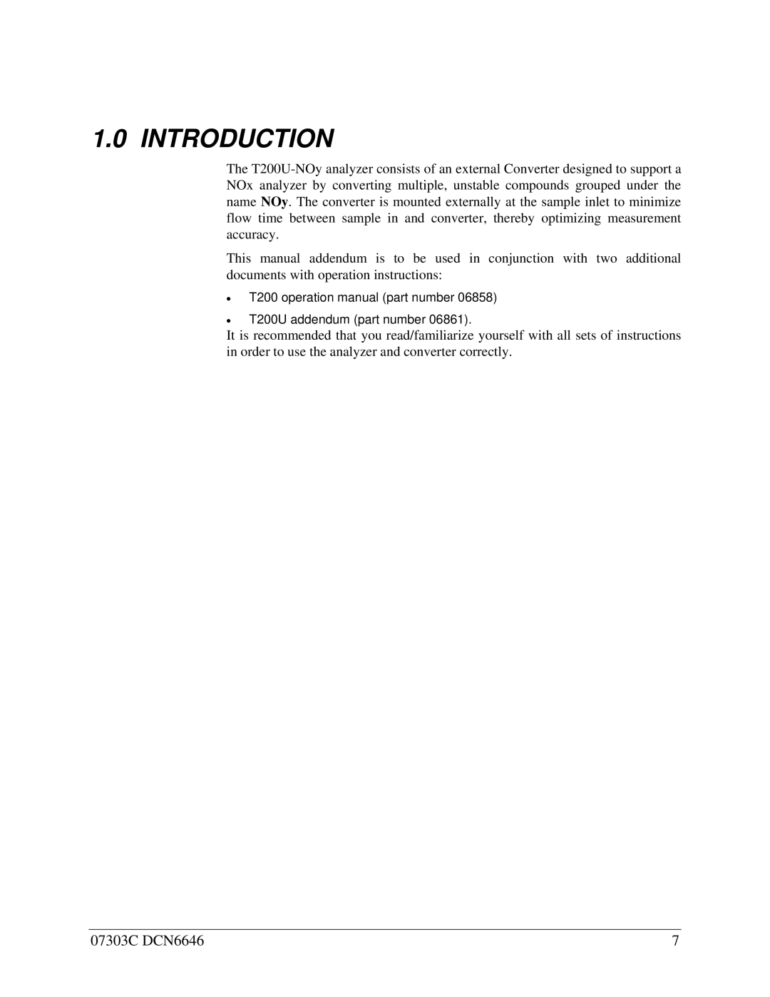 Teledyne T200U-NOy manual Introduction 