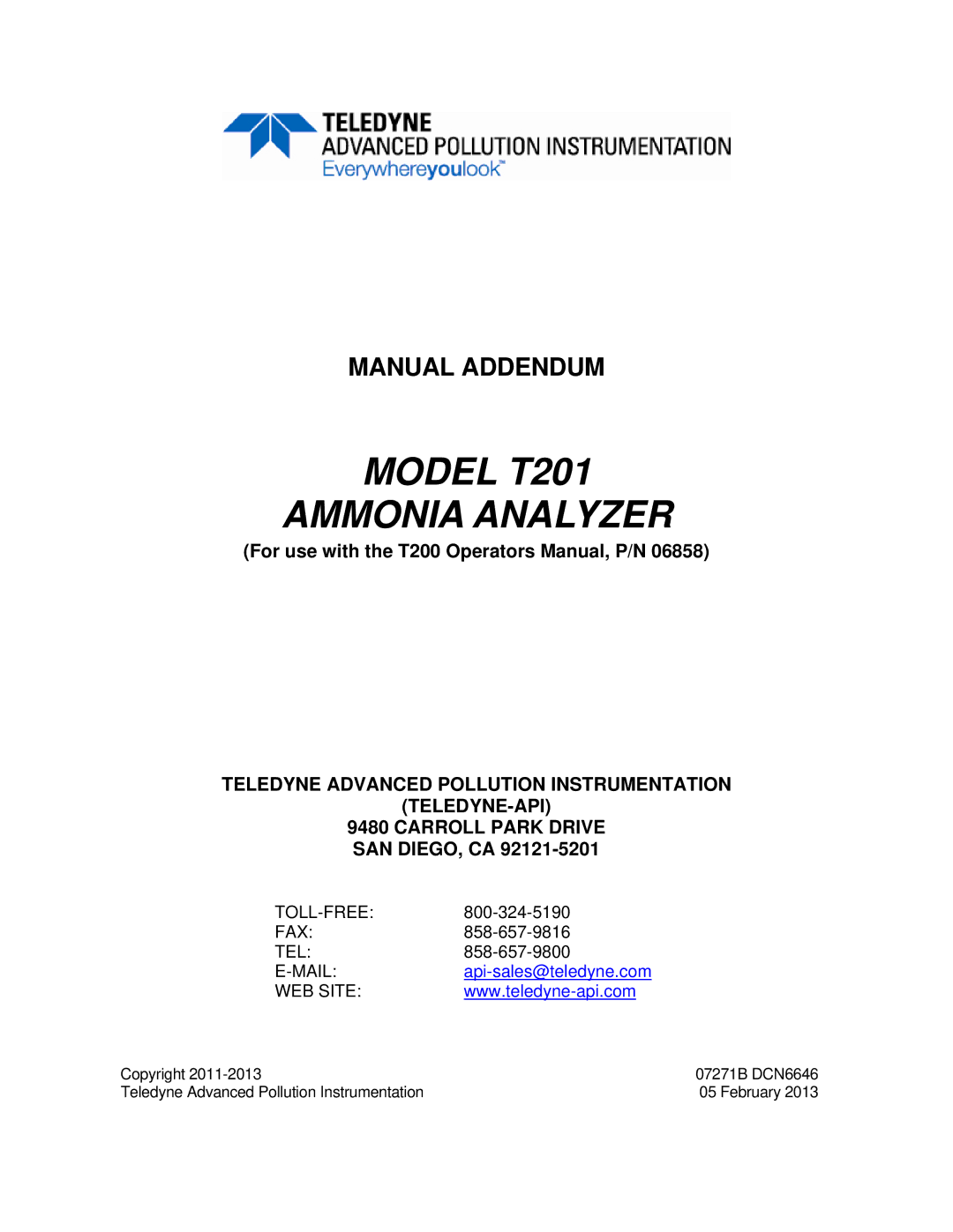 Teledyne T201 manual Manual Addendum, For use with the T200 Operators Manual, P/N, San Diego, Ca 