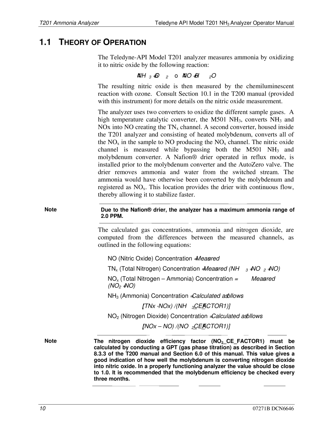 Teledyne T201 manual Theory of Operation, Outlined in the following equations 