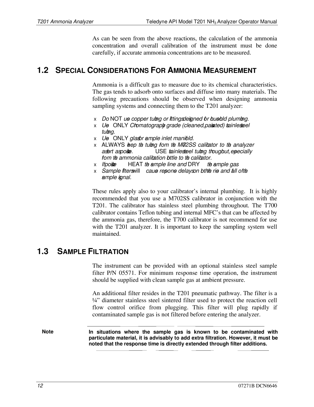 Teledyne T201 manual Special Considerations for Ammonia Measurement, Sample Filtration 