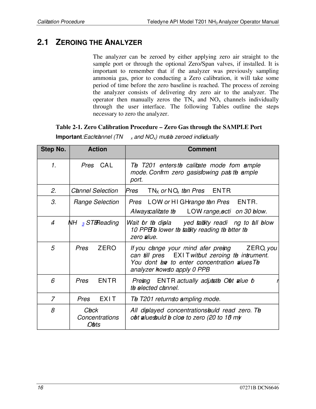 Teledyne T201 manual Zeroing the Analyzer, Step No Action Comment 