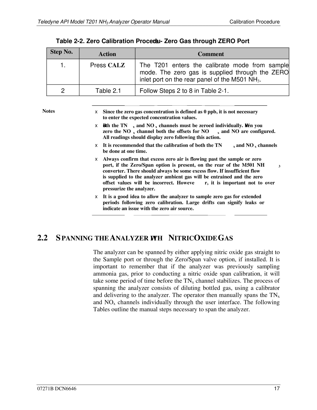 Teledyne T201 manual Spanning the Analyzer with Nitric Oxide GAS 