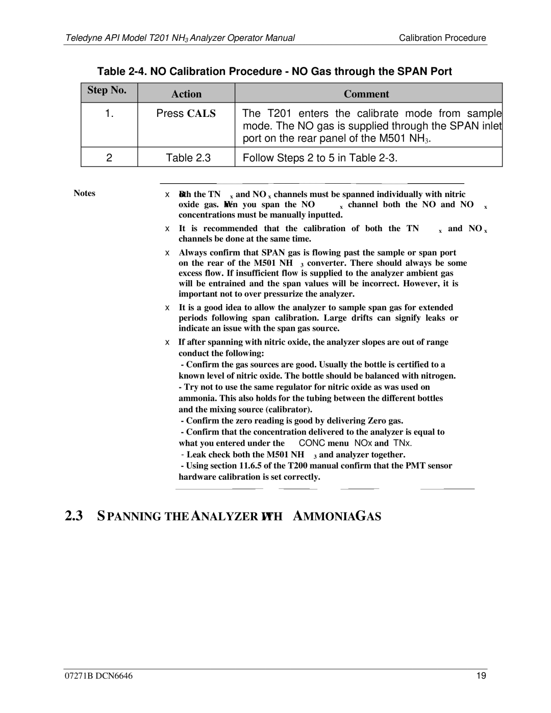 Teledyne T201 manual Spanning the Analyzer with Ammonia GAS 