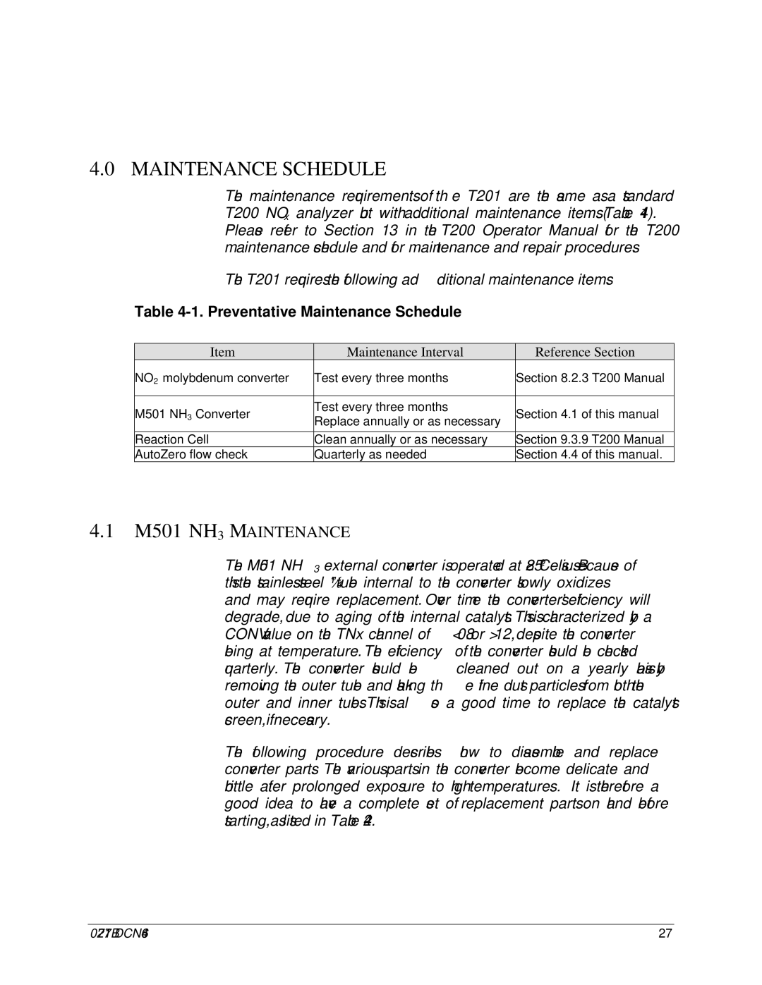 Teledyne T201 manual Maintenance Schedule, M501 NH3 Maintenance 