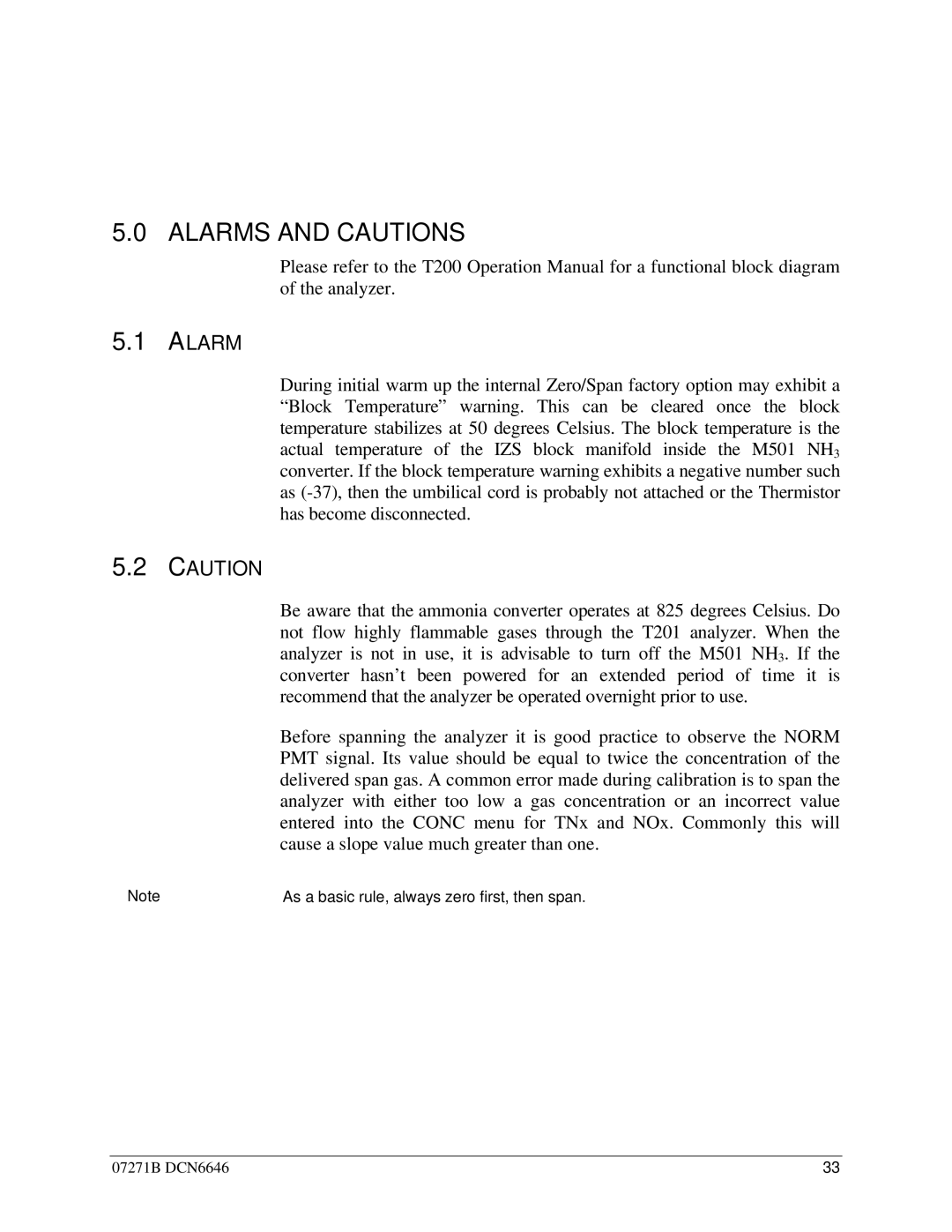 Teledyne T201 manual Alarms and Cautions 