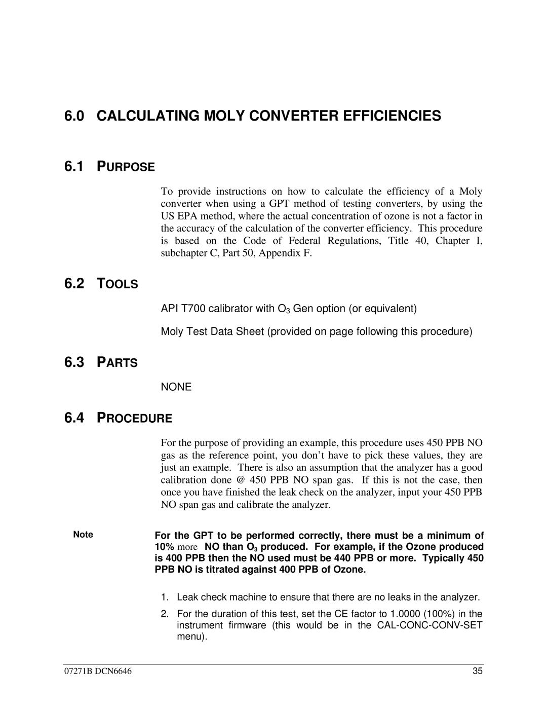 Teledyne T201 manual Calculating Moly Converter Efficiencies, Purpose, Tools, Parts, Procedure 