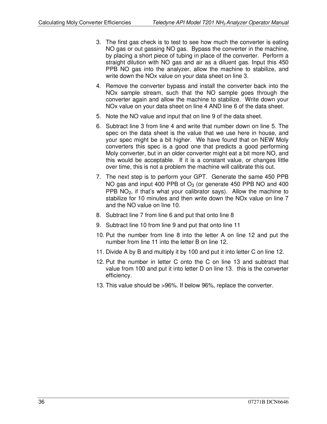 Teledyne T201 manual Calculating Moly Converter Efficiencies 