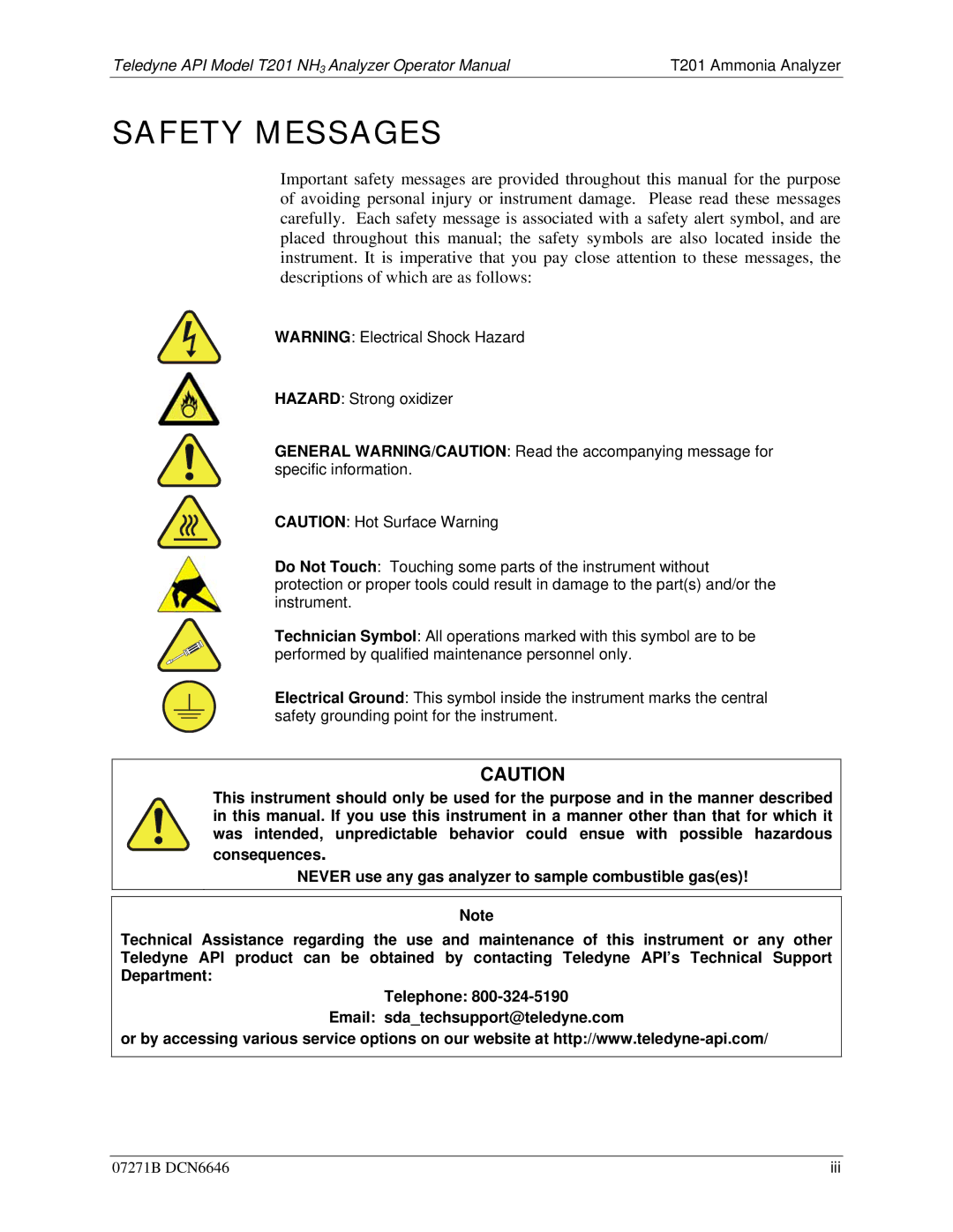 Teledyne T201 manual Safety Messages 