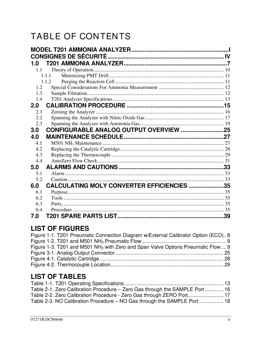 Teledyne T201 manual Table of Contents 