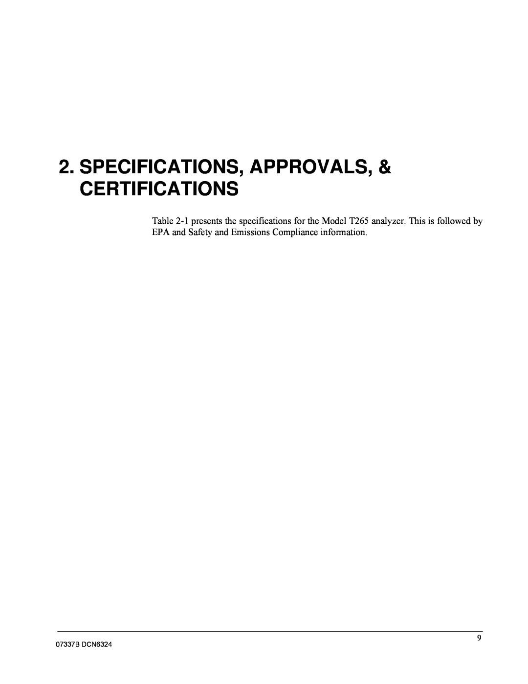 Teledyne T265 manual Specifications, Approvals, & Certifications, 07337B DCN6324 