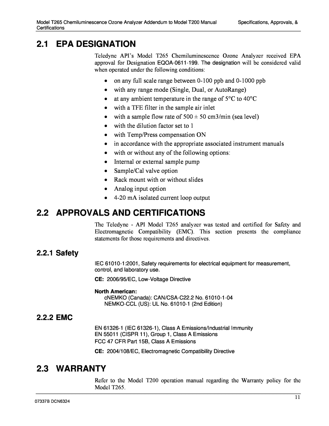 Teledyne T265 manual Epa Designation, 2.2APPROVALS AND CERTIFICATIONS, Warranty, Safety, 2.2.2 EMC 