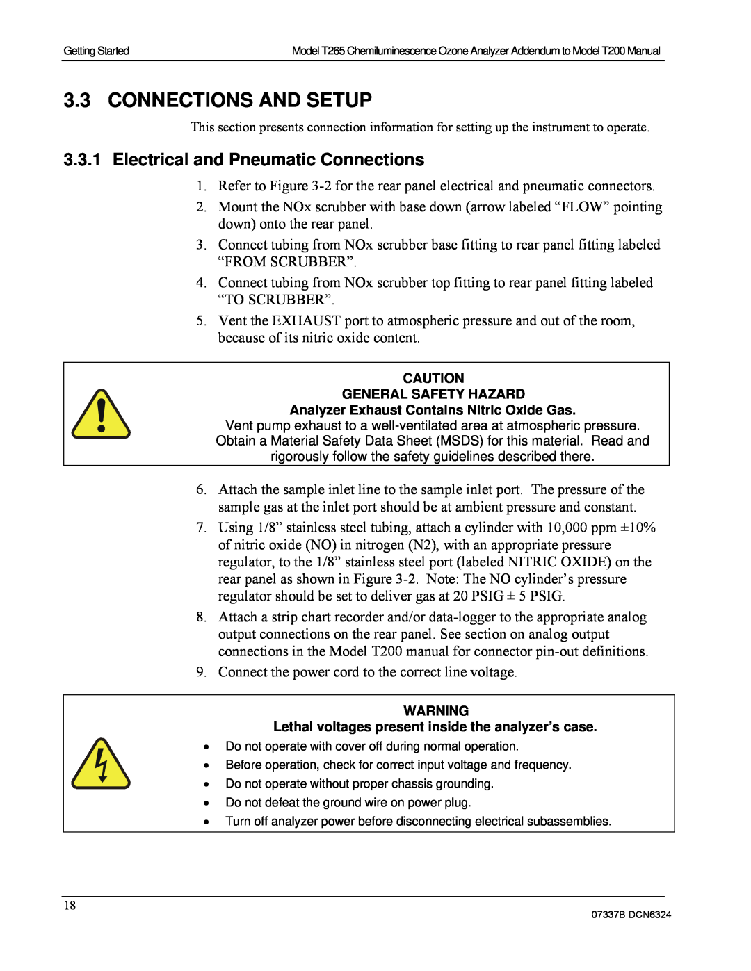 Teledyne T265 manual Connections And Setup, 3.3.1Electrical and Pneumatic Connections 