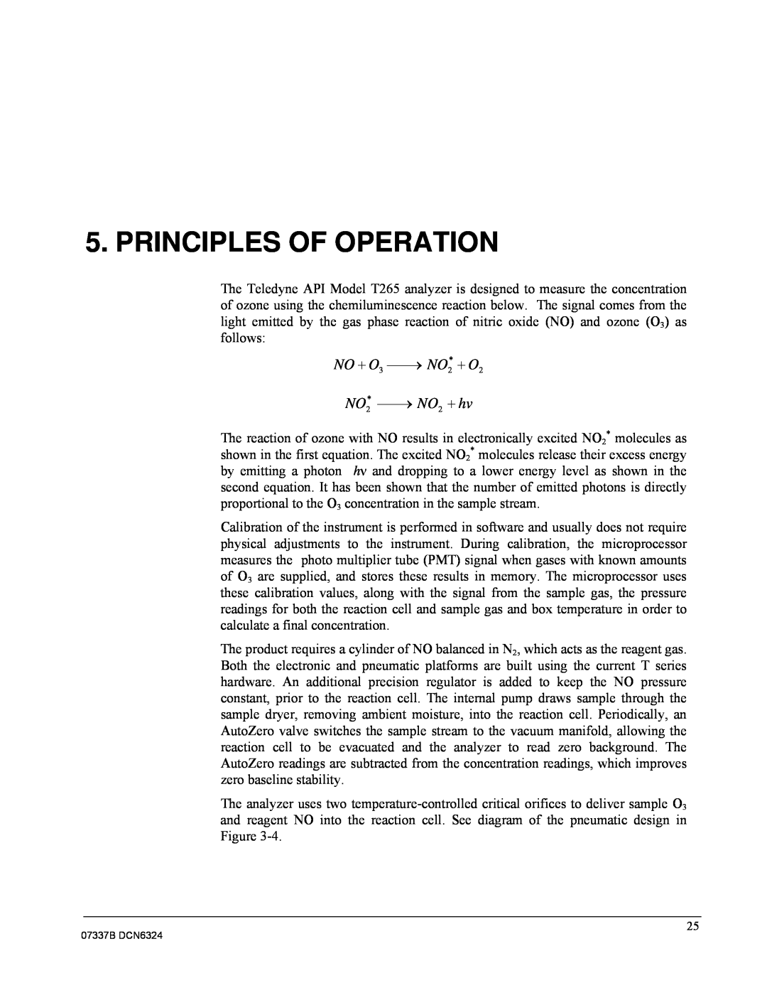 Teledyne T265 manual Principles Of Operation, NO  O3  NO2*  O2, NO2*  NO2  hv 