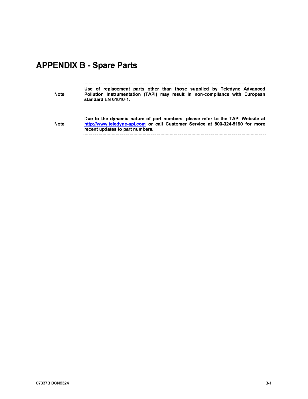 Teledyne T265 manual APPENDIX B - Spare Parts, 07337B DCN6324 