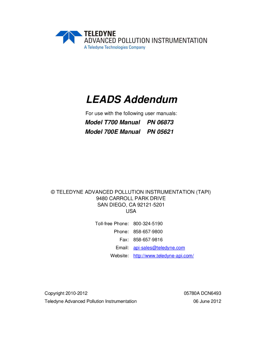 Teledyne t7000, t700e user manual Leads Addendum 