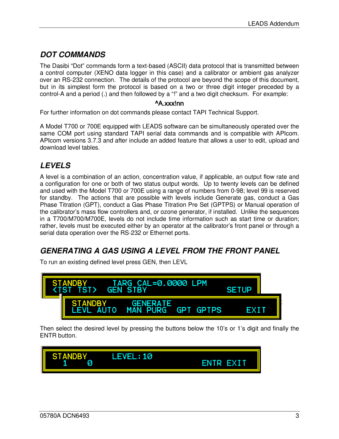 Teledyne t7000, t700e user manual DOT Commands, Levels, Generating a GAS Using a Level from the Front Panel 