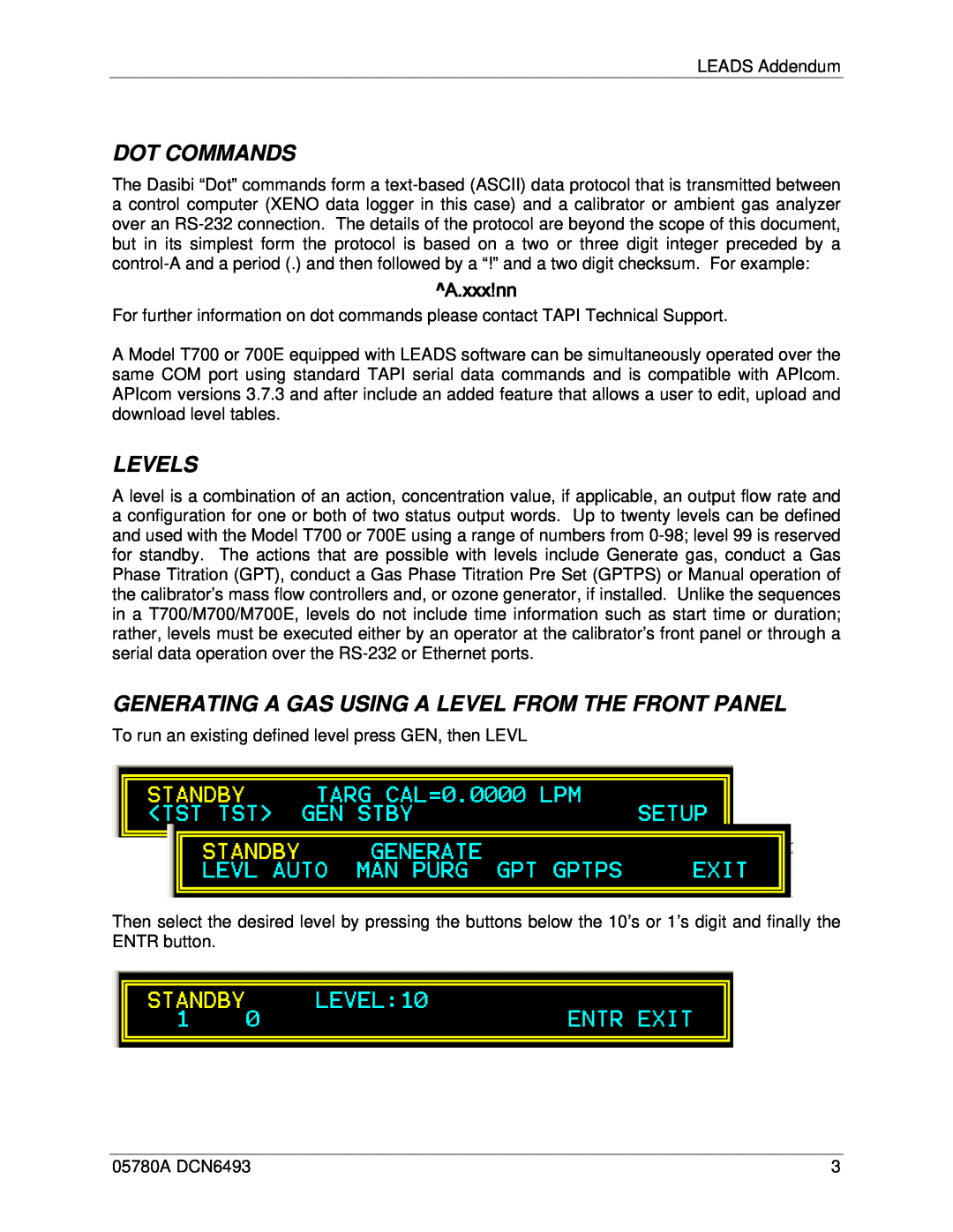 Teledyne t7000, t700e user manual Dot Commands, Levels, A.xxx!nn 