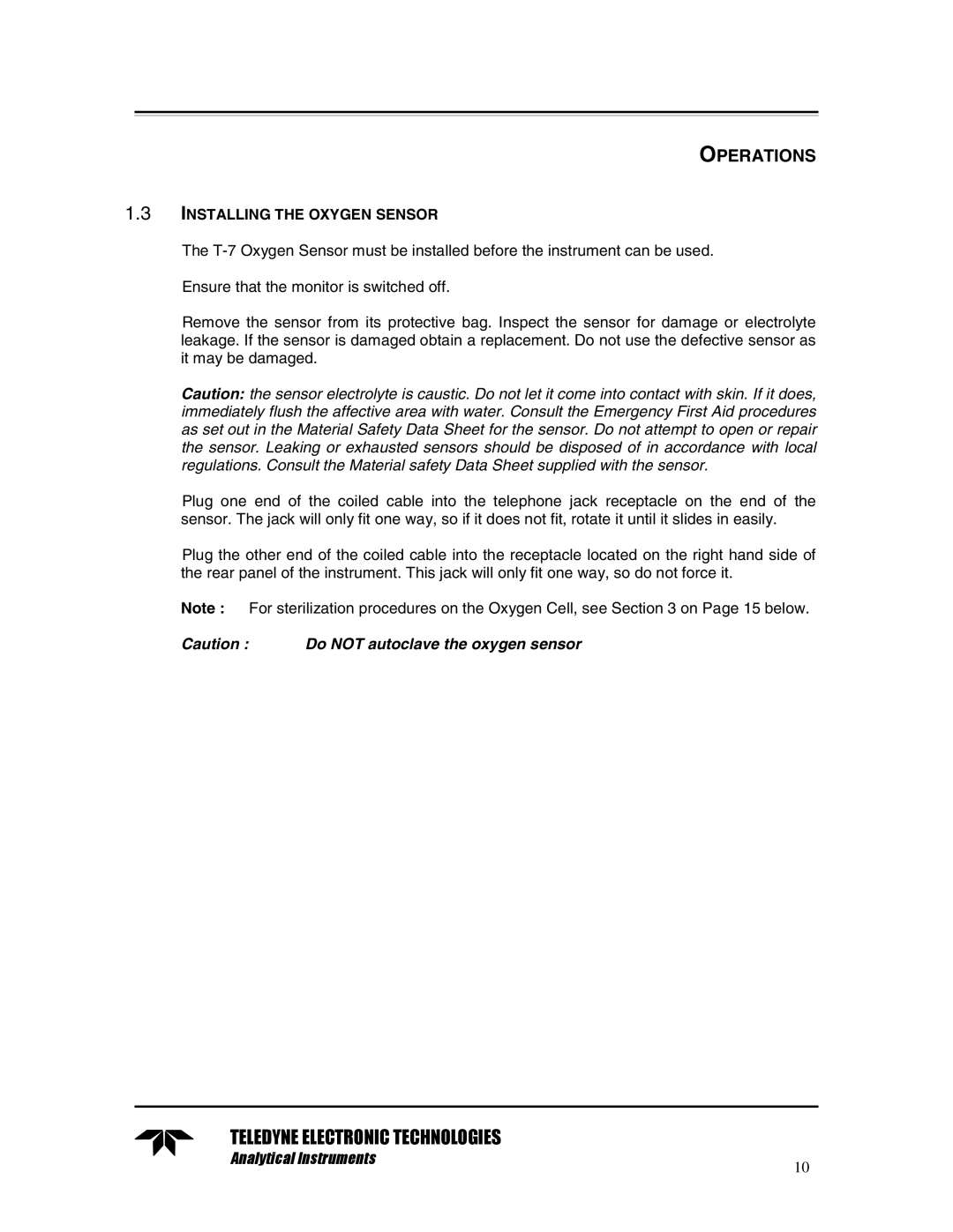 Teledyne TED 191 instruction manual Installing the Oxygen Sensor 