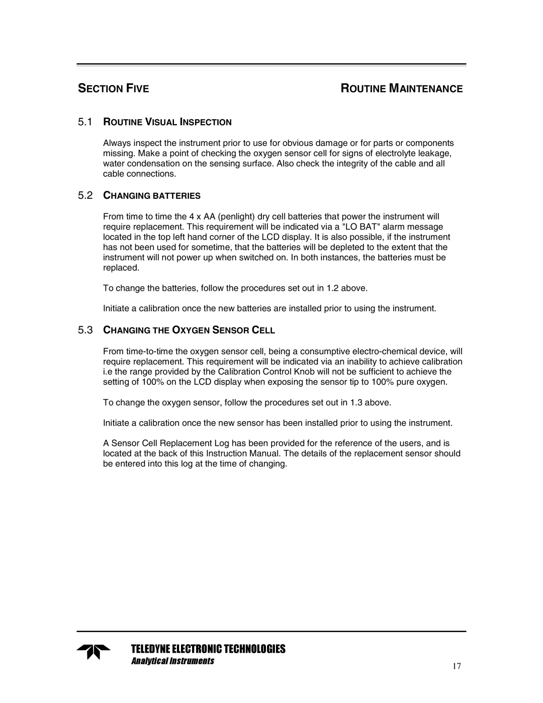 Teledyne TED 191 Section Five, Routine Visual Inspection, Changing Batteries, Changing the Oxygen Sensor Cell 