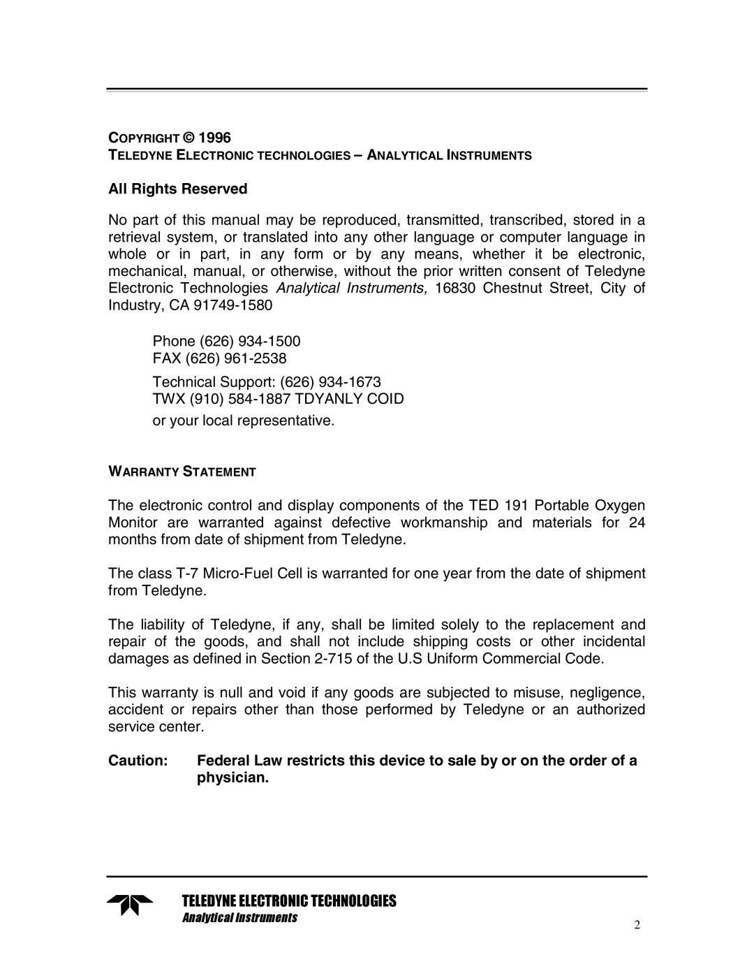 Teledyne TED 191 instruction manual All Rights Reserved, Warranty Statement 