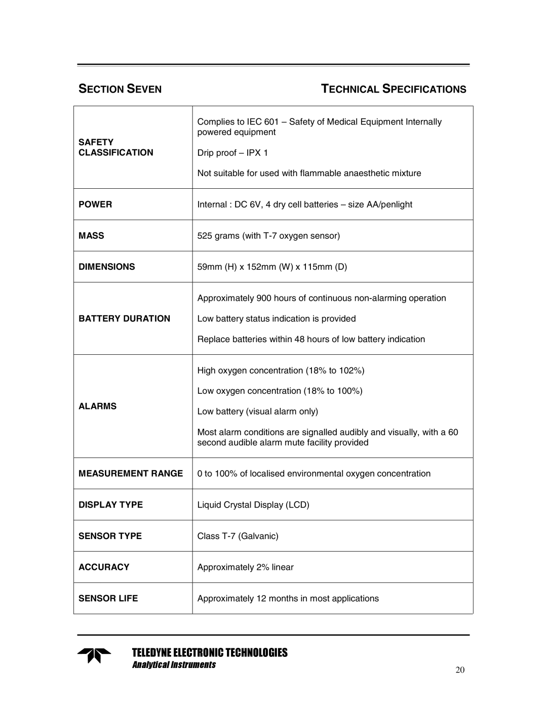 Teledyne TED 191 instruction manual Section Seven Technical Specifications 