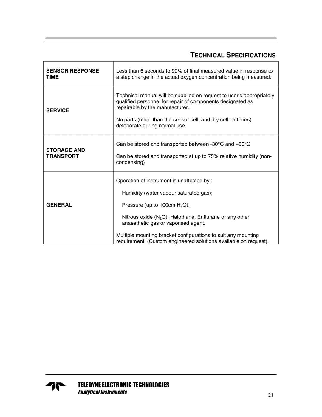 Teledyne TED 191 instruction manual Sensor Response Time, Service, Storage, Transport, General 