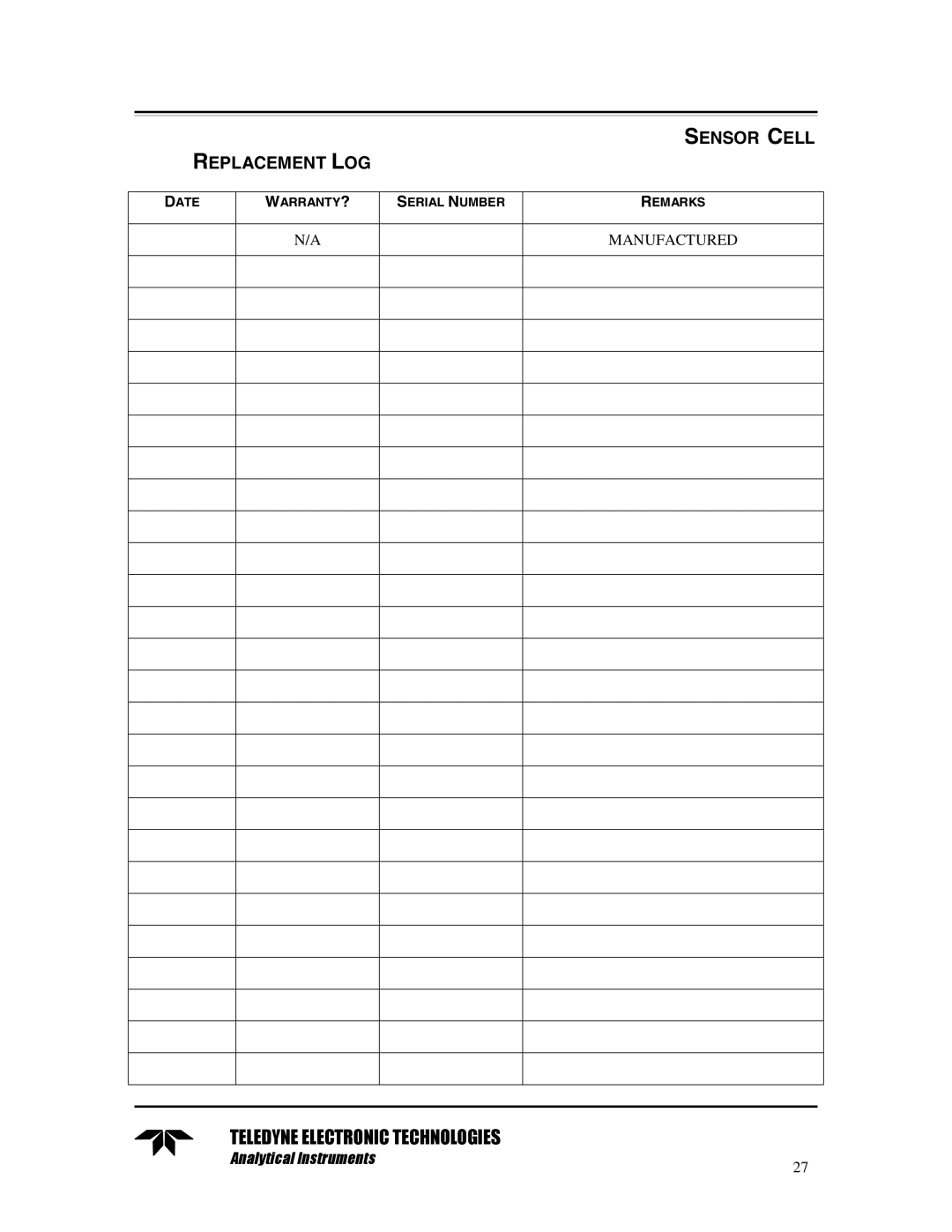 Teledyne TED 191 instruction manual Sensor Cell Replacement LOG 