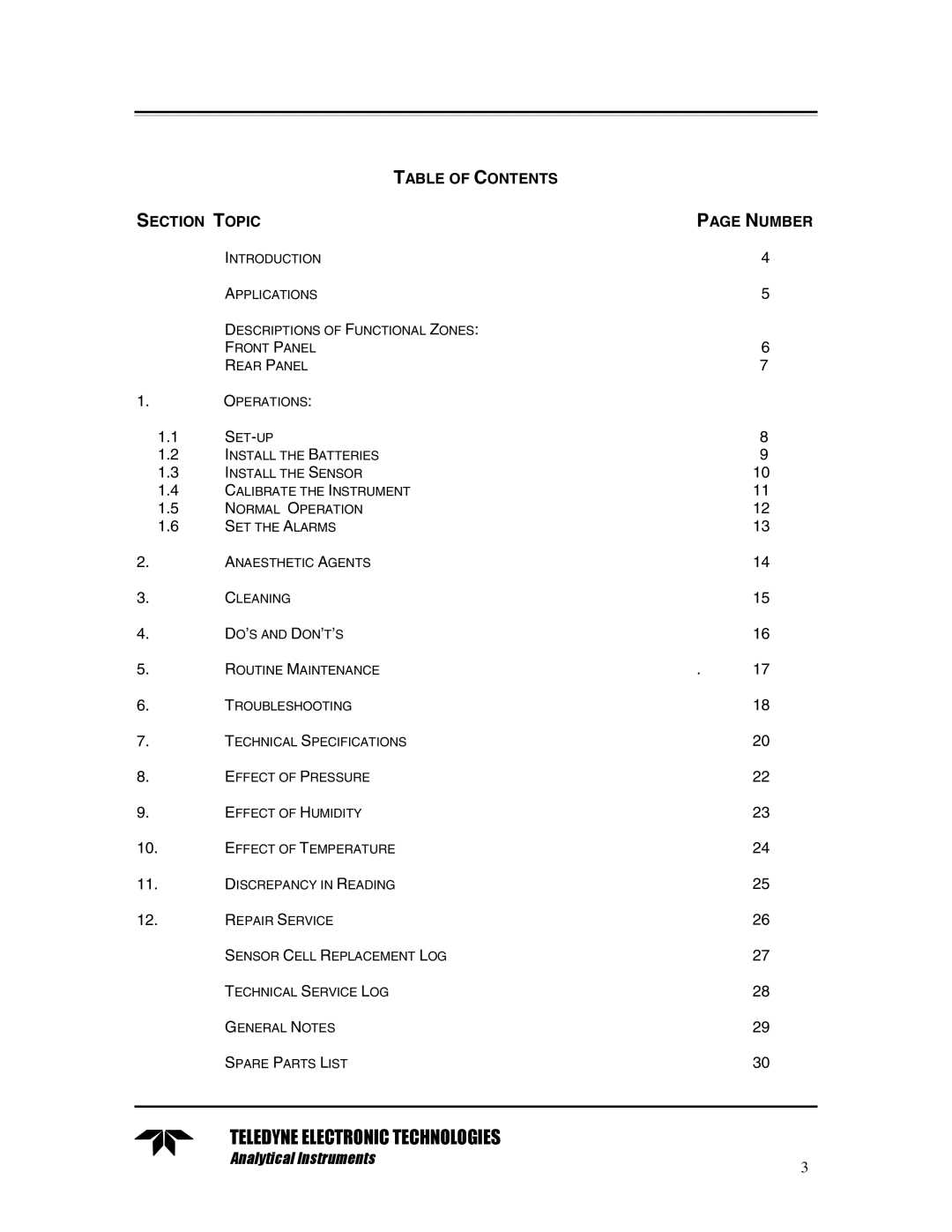 Teledyne TED 191 instruction manual Table of Contents Section Topic Number 