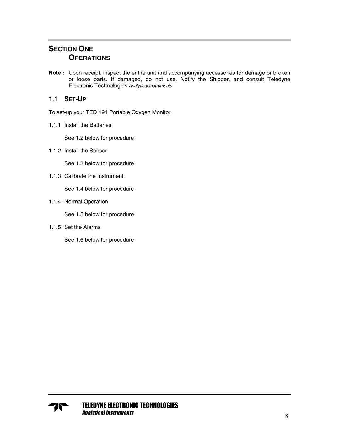 Teledyne TED 191 instruction manual Set-Up, Section ONE Operations 