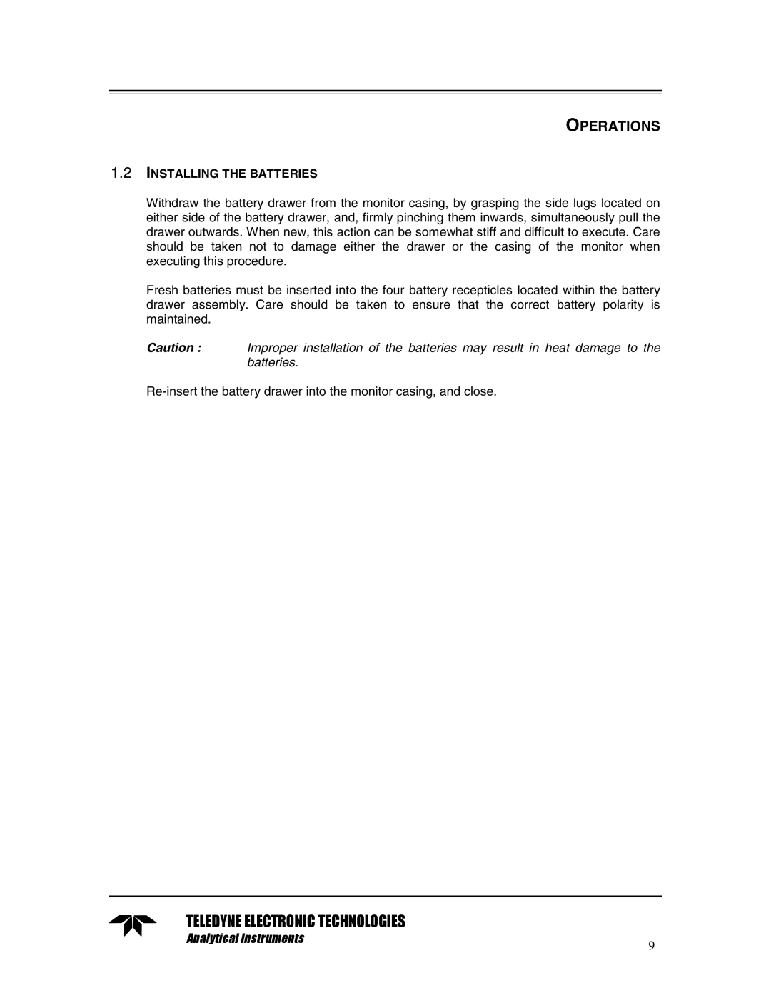 Teledyne TED 191 instruction manual Installing the Batteries 