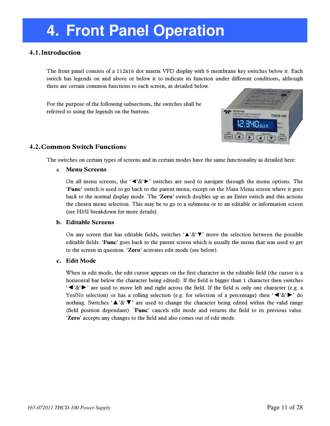 Teledyne THCD-100 instruction manual Common Switch Functions, Menu Screens, Editable Screens, Edit Mode 