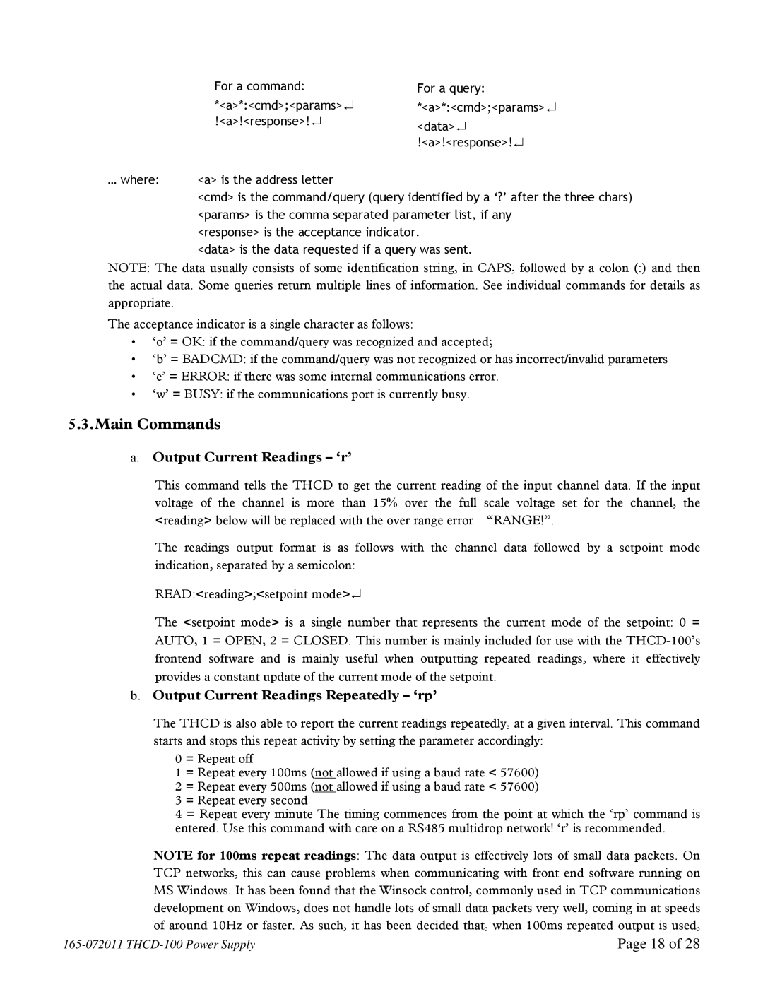 Teledyne THCD-100 instruction manual Main Commands, Output Current Readings ‘r’, Output Current Readings Repeatedly ‘rp’ 