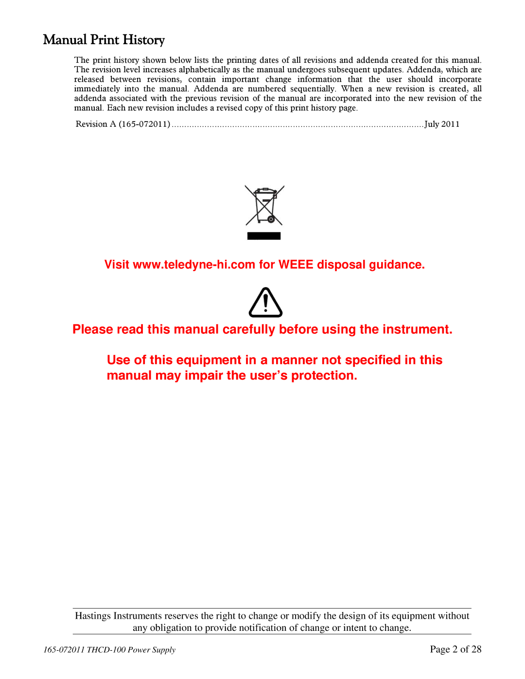 Teledyne THCD-100 instruction manual Manual Print History 