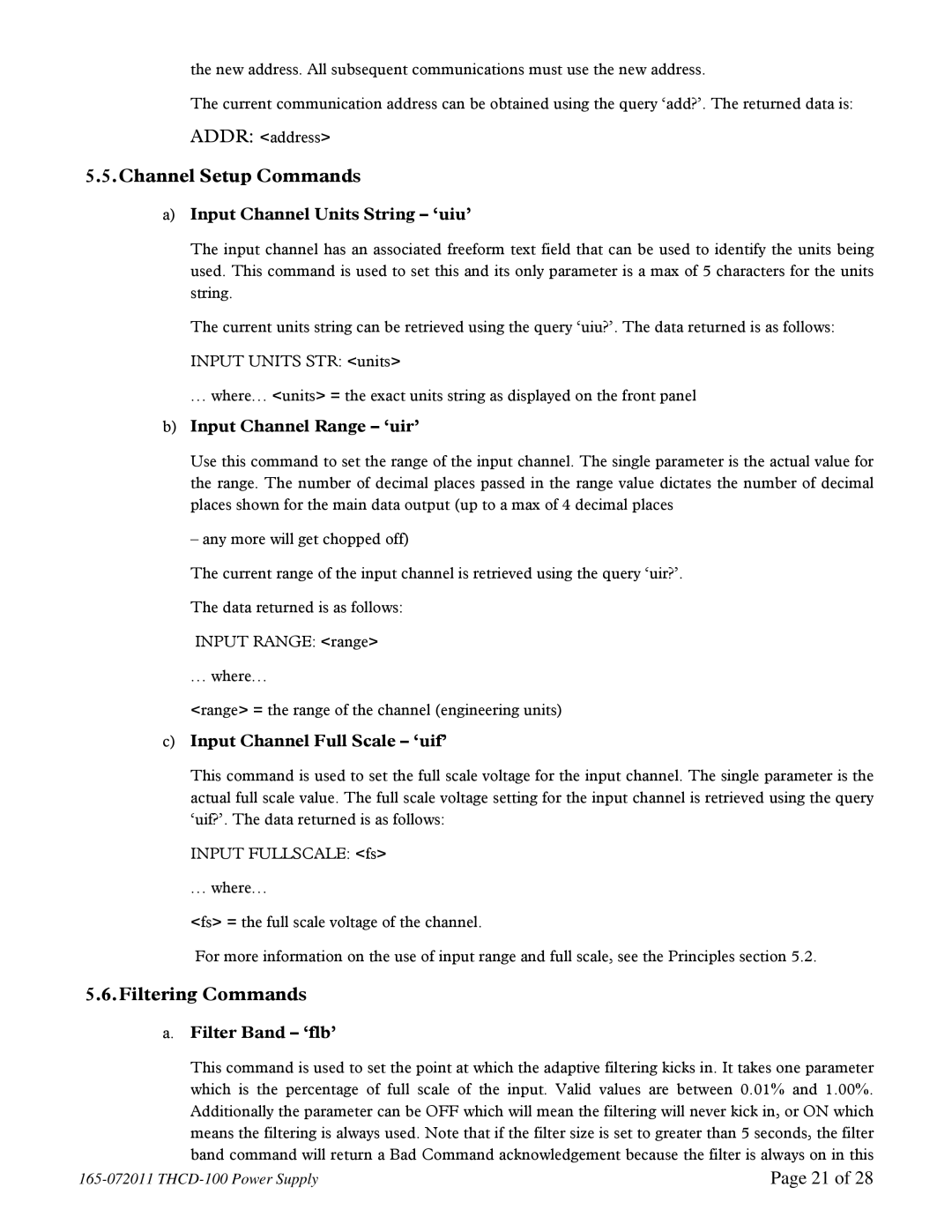 Teledyne THCD-100 instruction manual Channel Setup Commands, Filtering Commands 