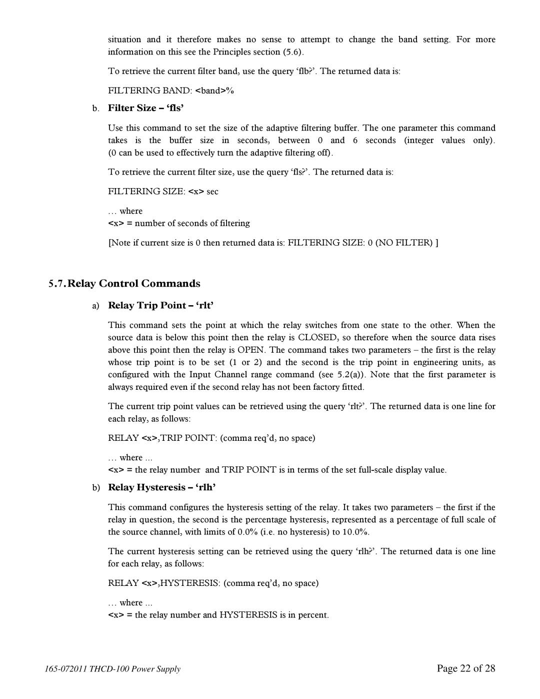 Teledyne THCD-100 Relay Control Commands, Filter Size ‘fls’, Relay Trip Point ‘rlt’, Relay Hysteresis ‘rlh’ 