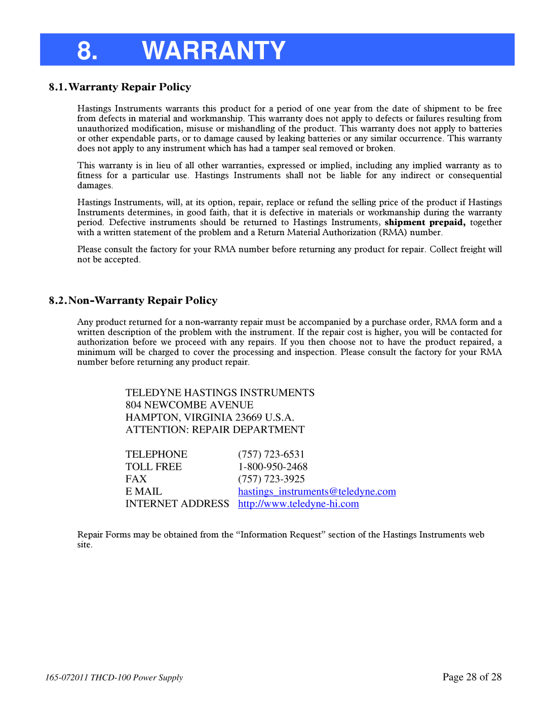 Teledyne THCD-100 instruction manual Non-Warranty Repair Policy 