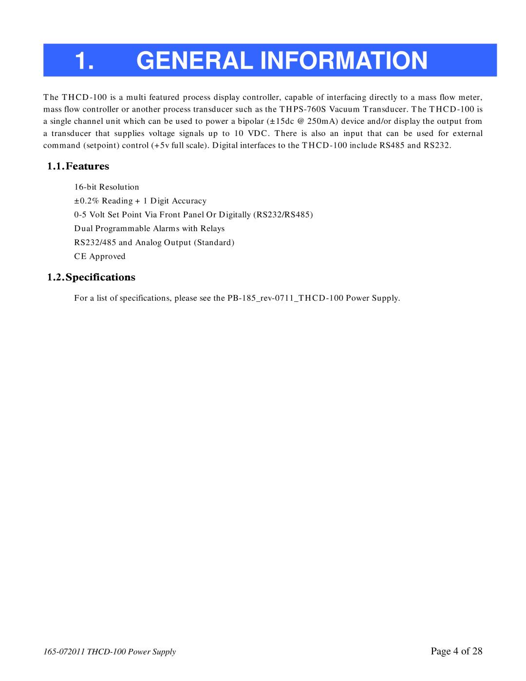 Teledyne THCD-100 instruction manual General Information, Features, Specifications 