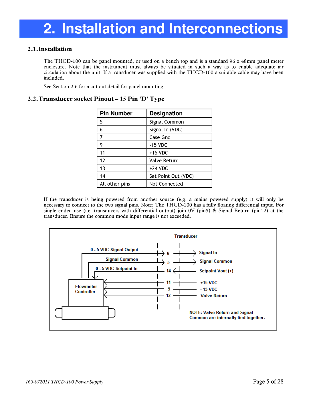 Teledyne THCD-100 instruction manual Installation, Transducer socket Pinout 15 Pin D Type, Pin Number Designation 