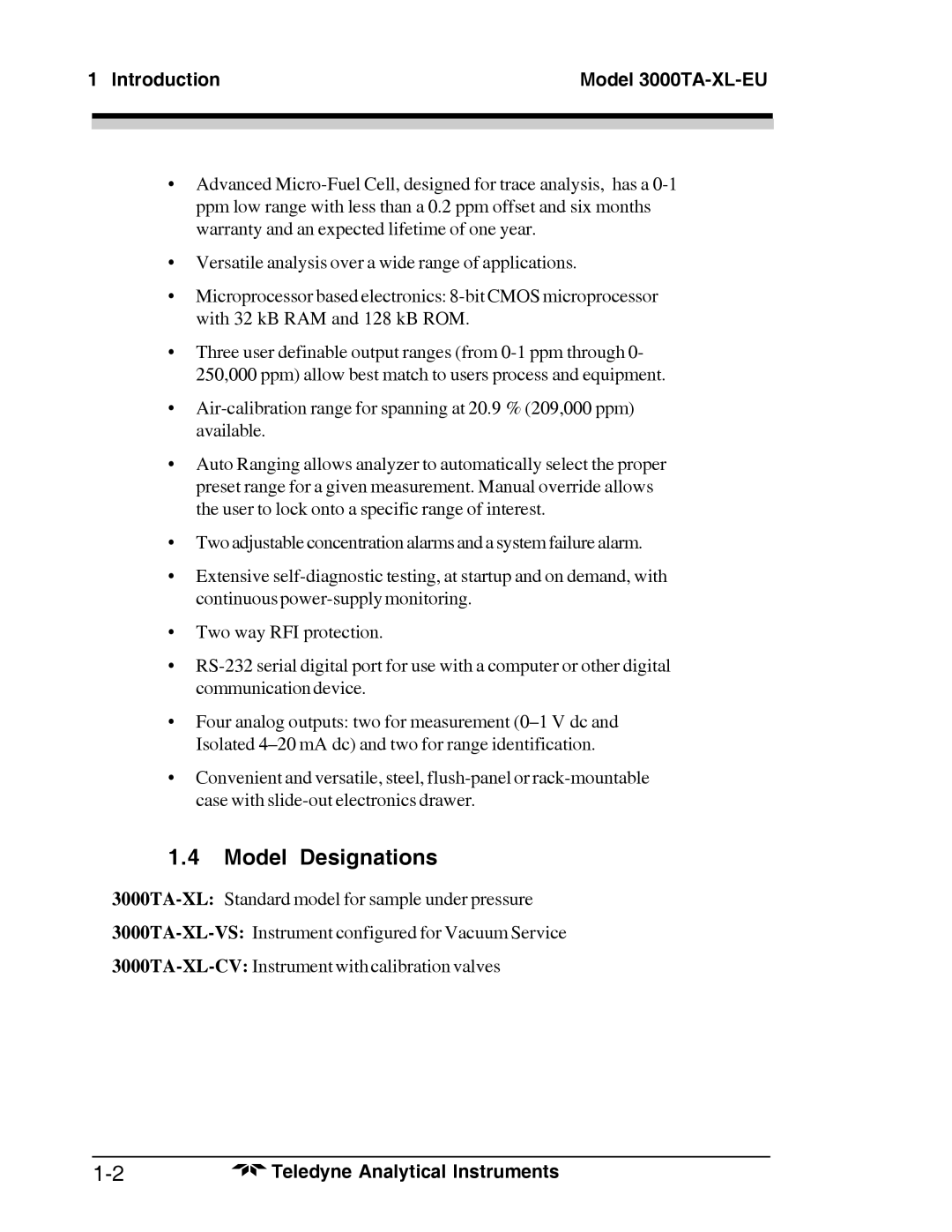 Teledyne Trace Oxygen Analyzer operating instructions Model Designations, Introduction Model 3000TA-XL-EU 