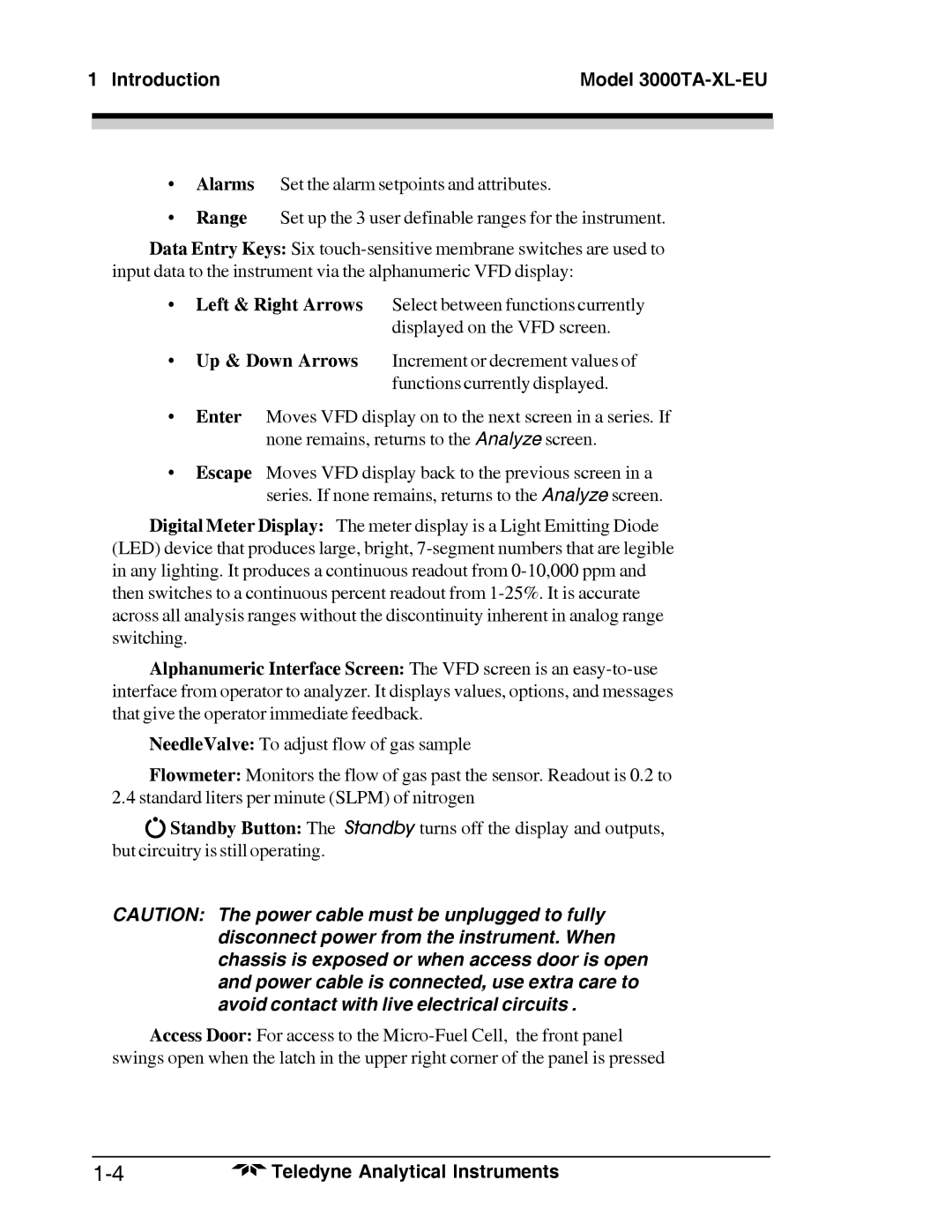 Teledyne Trace Oxygen Analyzer operating instructions Introduction Model 3000TA-XL-EU 