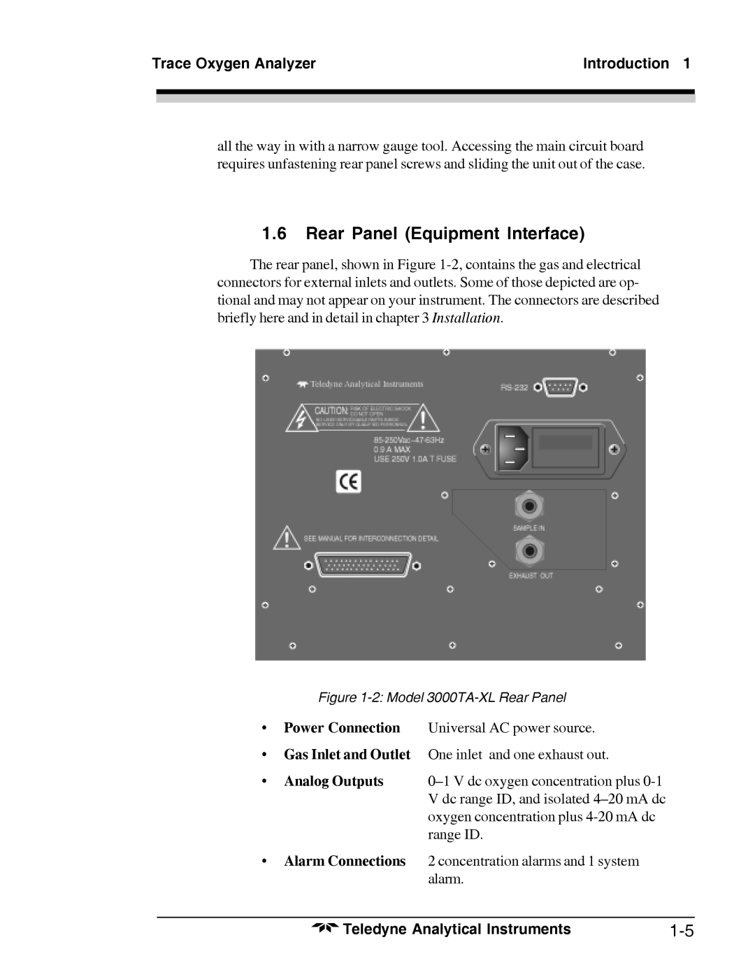 Teledyne 3000TA-XL-EU, Trace Oxygen Analyzer operating instructions Rear Panel Equipment Interface, Analog Outputs 