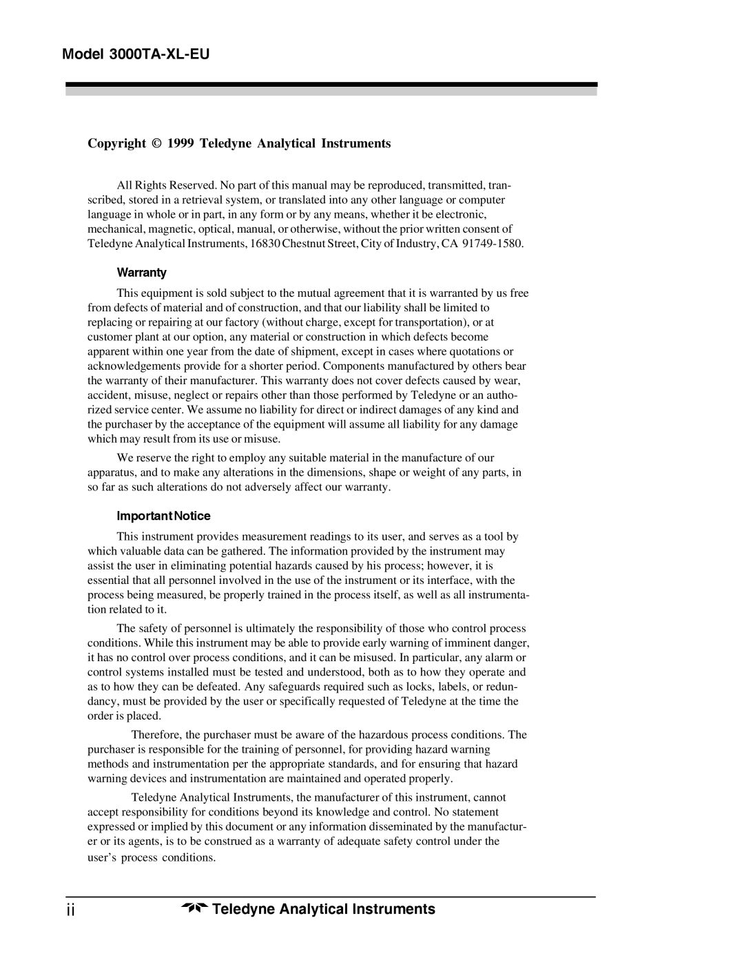 Teledyne Trace Oxygen Analyzer operating instructions Model 3000TA-XL-EU, Copyright 1999 Teledyne Analytical Instruments 