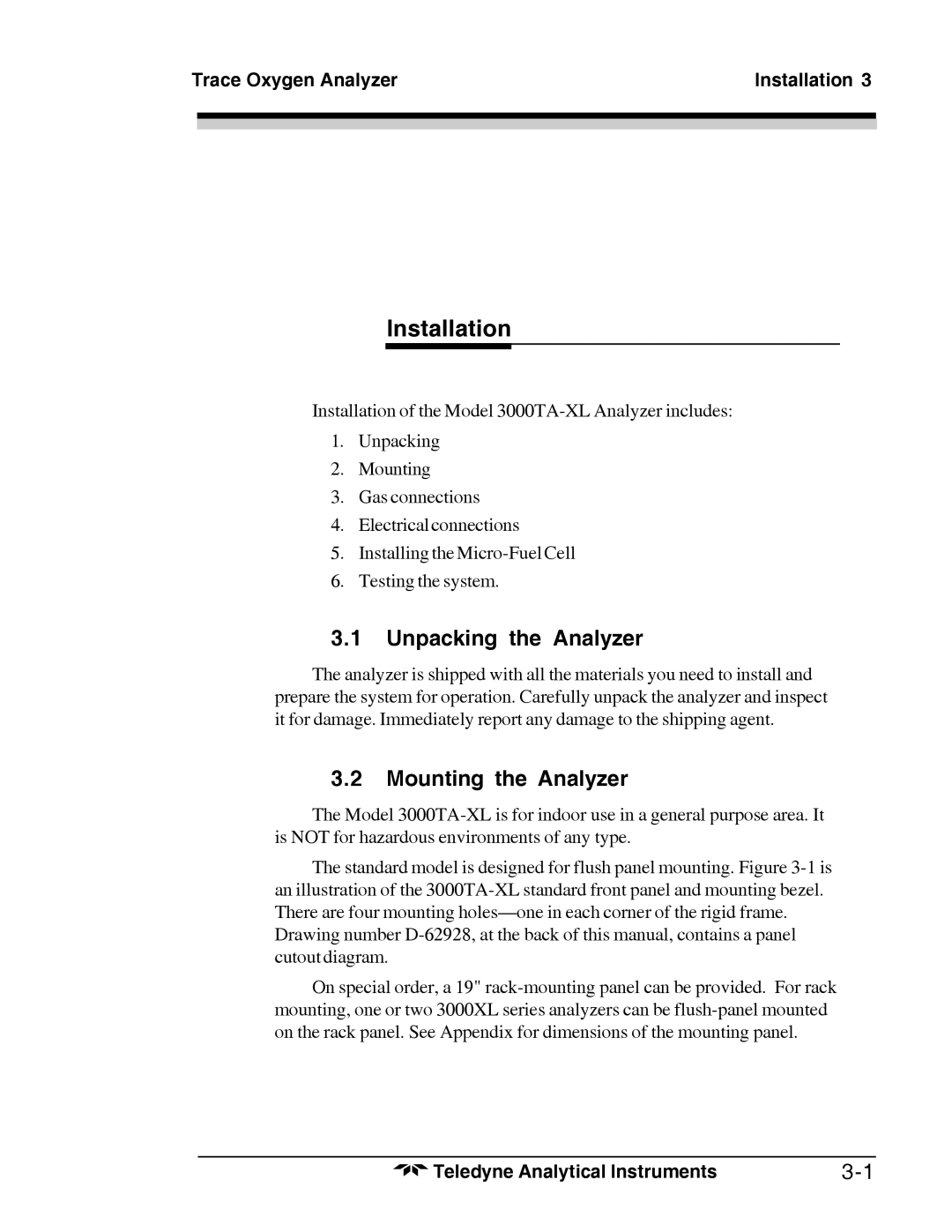 Teledyne 3000TA-XL-EU Unpacking the Analyzer, Mounting the Analyzer, Trace Oxygen Analyzer Installation 