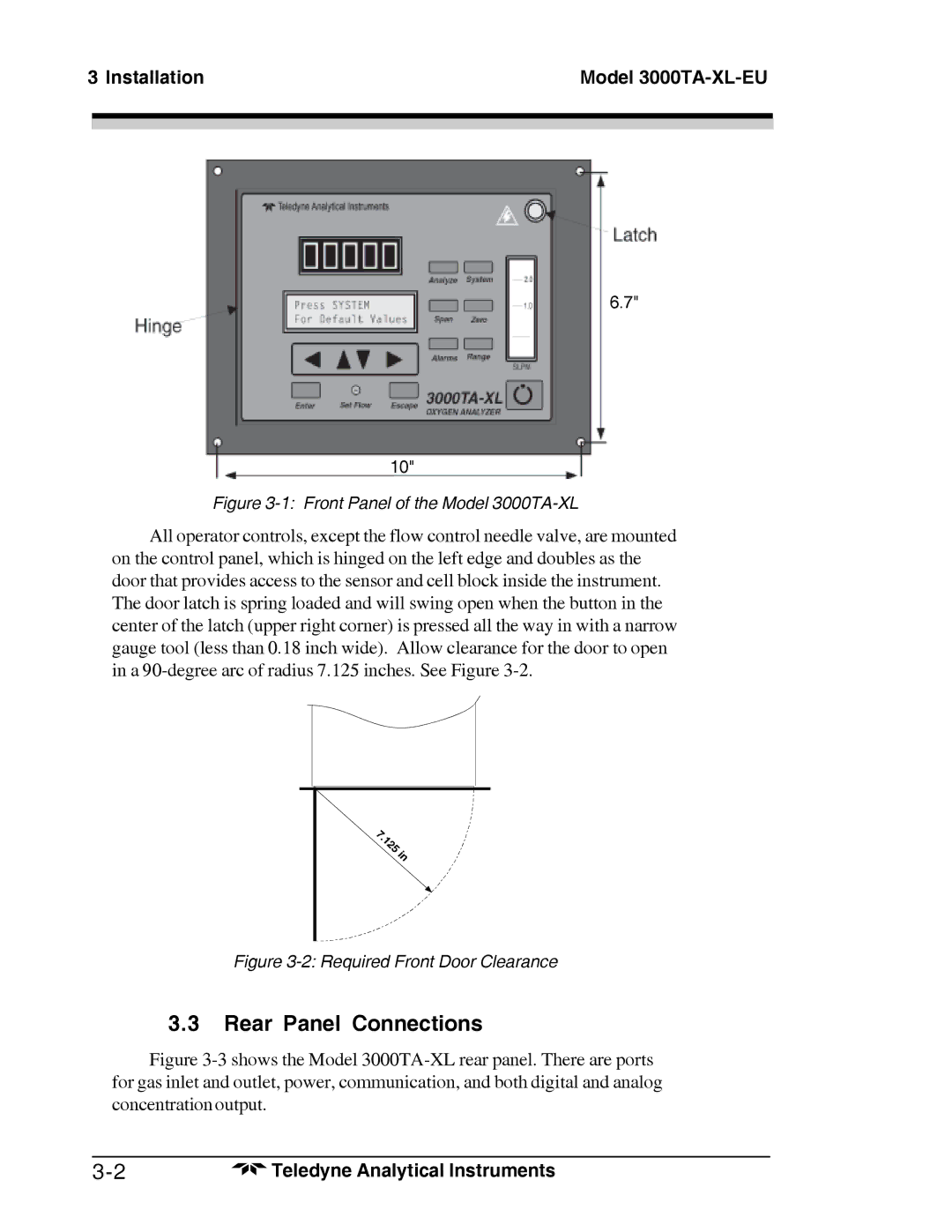 Teledyne Trace Oxygen Analyzer operating instructions Rear Panel Connections, Installation Model 3000TA-XL-EU 