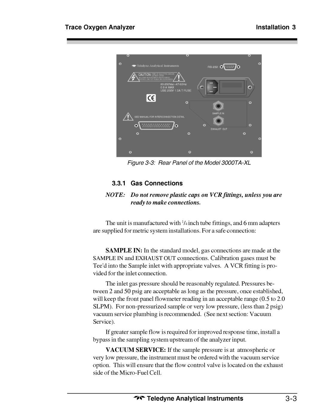 Teledyne 3000TA-XL-EU, Trace Oxygen Analyzer operating instructions Gas Connections, Rear Panel of the Model 3000TA-XL 