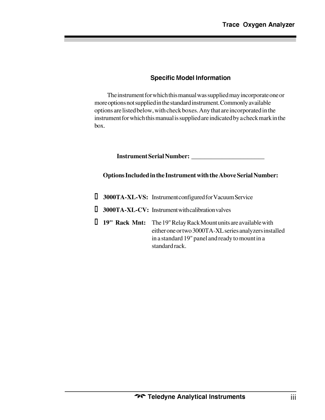 Teledyne 3000TA-XL-EU operating instructions Iii, Trace Oxygen Analyzer Specific Model Information 