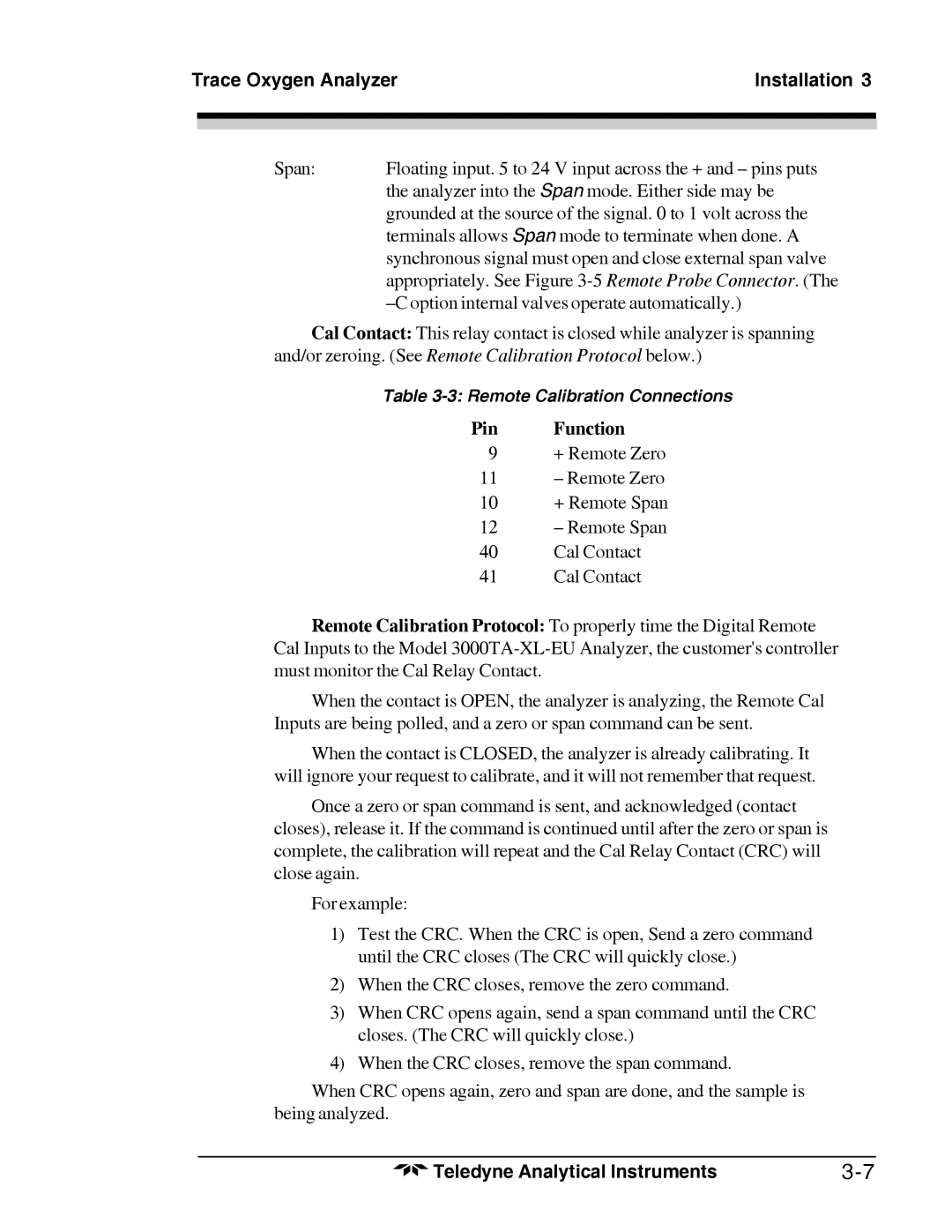 Teledyne 3000TA-XL-EU, Trace Oxygen Analyzer operating instructions Remote Calibration Connections 