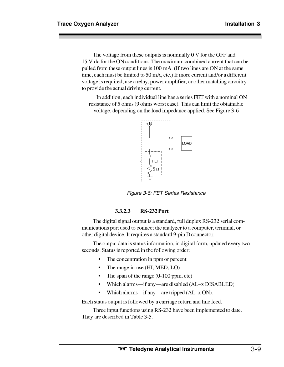 Teledyne 3000TA-XL-EU, Trace Oxygen Analyzer operating instructions 2.3 RS-232 Port, FET Series Resistance 