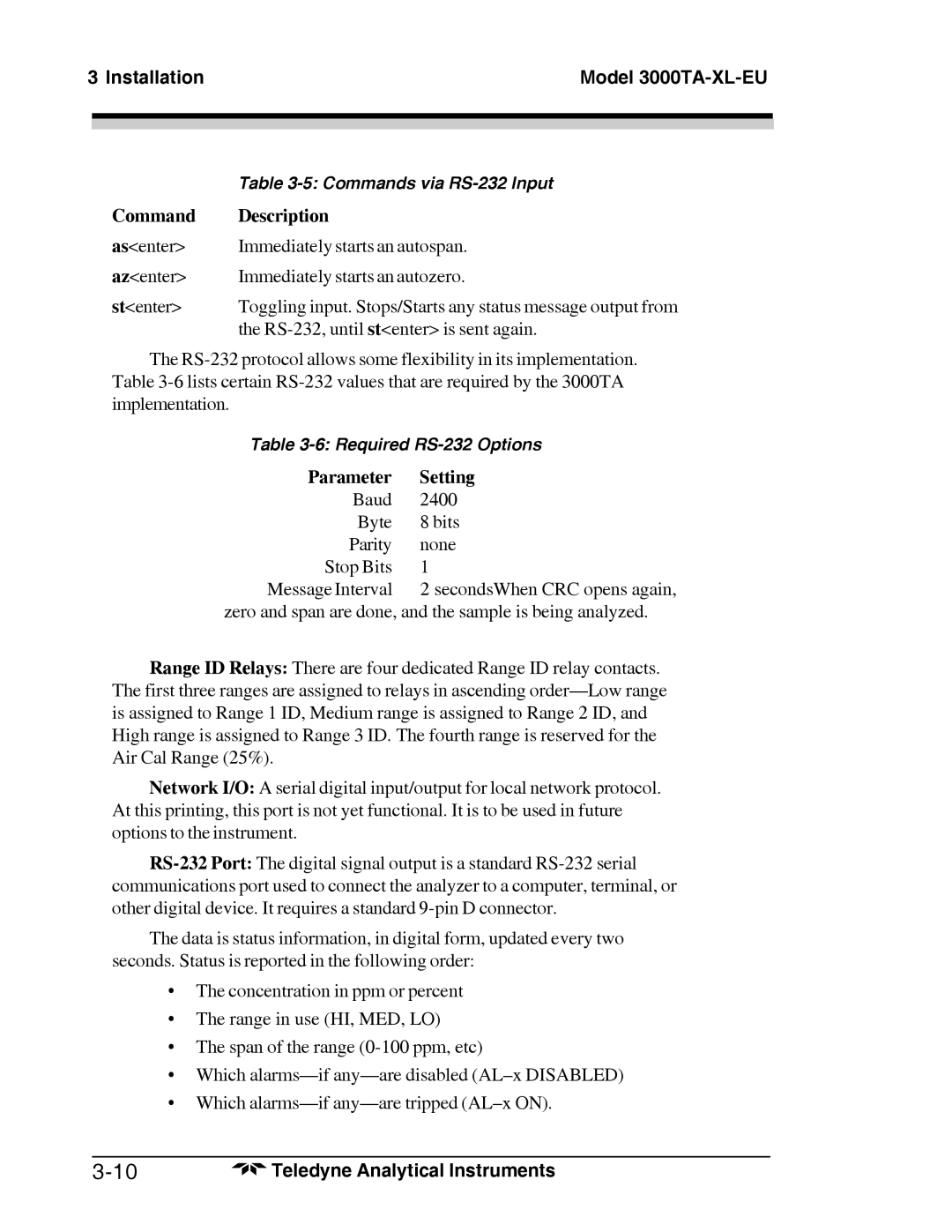 Teledyne Trace Oxygen Analyzer, 3000TA-XL-EU operating instructions Command Description, Parameter Setting 