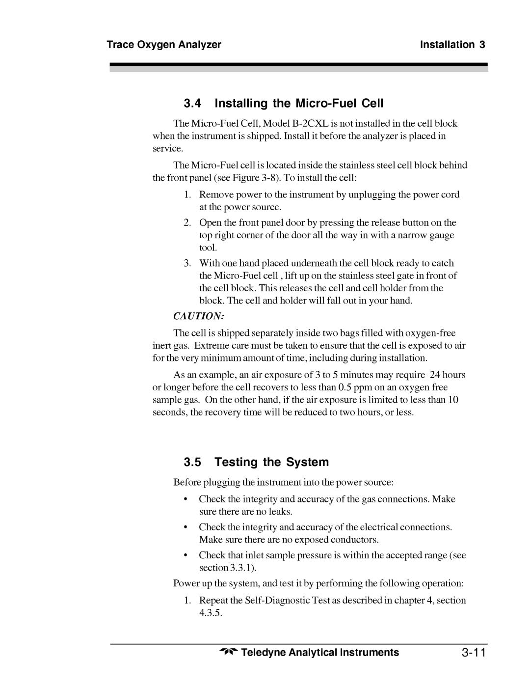 Teledyne 3000TA-XL-EU, Trace Oxygen Analyzer operating instructions Installing the Micro-Fuel Cell, Testing the System 